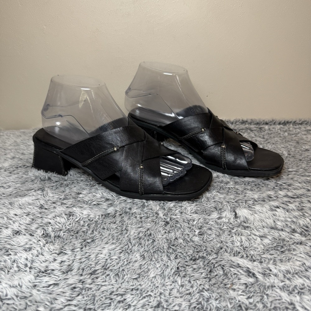 Clarks Black Slip On Slide Heeled Leather Sandals Square Toe Women's 7.5M